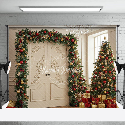 Lofaris Elegant Christmas Doorway Photography Backdrop White Doors with Red and Gold Garland Luxury Holiday Background