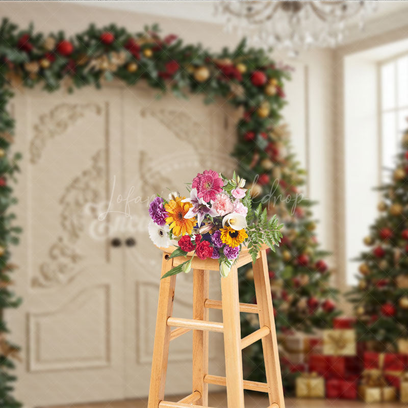 Lofaris Elegant Christmas Doorway Photography Backdrop White Doors with Red and Gold Garland Luxury Holiday Background