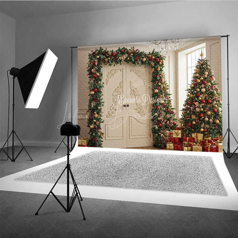 Lofaris Elegant Christmas Doorway Photography Backdrop White Doors with Red and Gold Garland Luxury Holiday Background