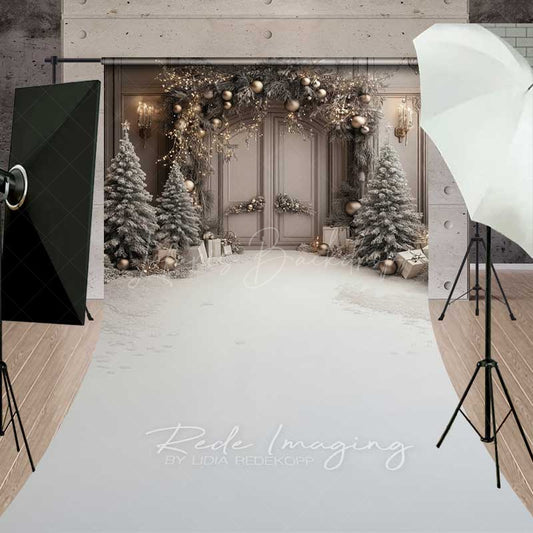 Lofaris Elegant Christmas Doorway Sweep Photography Backdrop with Snow Floor Frosted Trees Silver and Gold Holiday Photo Prop