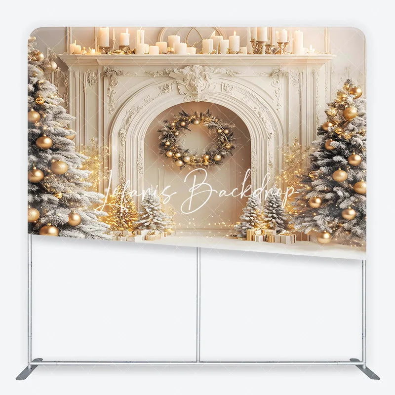 Lofaris Elegant Christmas Fireplace Flocked Trees Golden Ornaments Square Double-Sided Backdrop Festive Winter Holiday Decor.