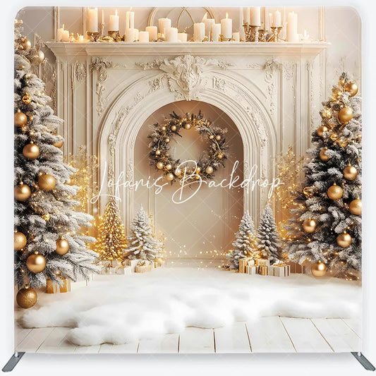 Lofaris Elegant Christmas Fireplace Flocked Trees Golden Ornaments Square Double-Sided Backdrop Festive Winter Holiday Decor.