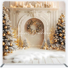 Lofaris Elegant Christmas Fireplace Flocked Trees Golden Ornaments Square Double-Sided Backdrop Festive Winter Holiday Decor.