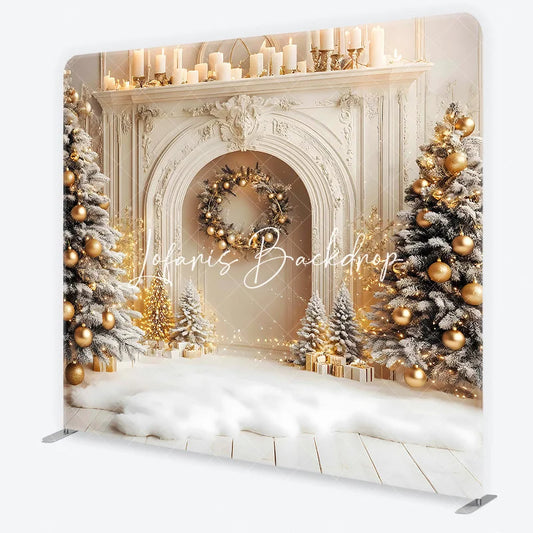Lofaris Elegant Christmas Fireplace Flocked Trees Golden Ornaments Square Double-Sided Backdrop Festive Winter Holiday Decor.