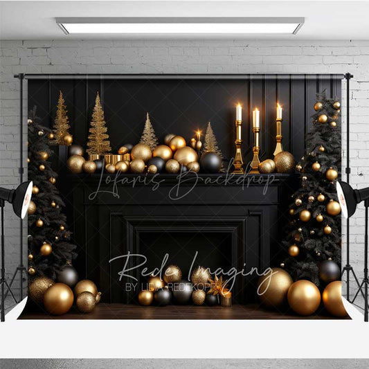 Lofaris Elegant Christmas Fireplace Photography Backdrop Black Mantel with Gold and Ornaments Moody Holiday Prop