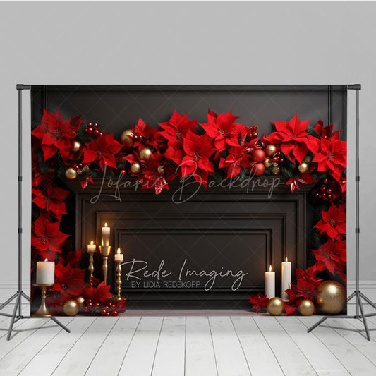 Lofaris Elegant Christmas Fireplace Photography Backdrop Black Mantel with Red Poinsettias Holiday Studio Photo Prop