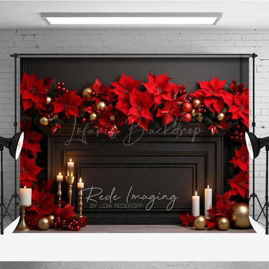 Lofaris Elegant Christmas Fireplace Photography Backdrop Black Mantel with Red Poinsettias Holiday Studio Photo Prop