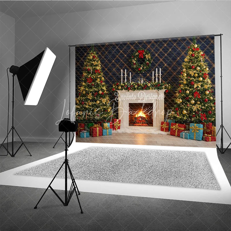 Lofaris Elegant Christmas Fireplace Photography Backdrop Blue Wall with Garland and Trees Holiday Mini Session Background