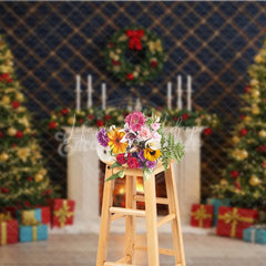 Lofaris Elegant Christmas Fireplace Photography Backdrop Blue Wall with Garland and Trees Holiday Mini Session Background
