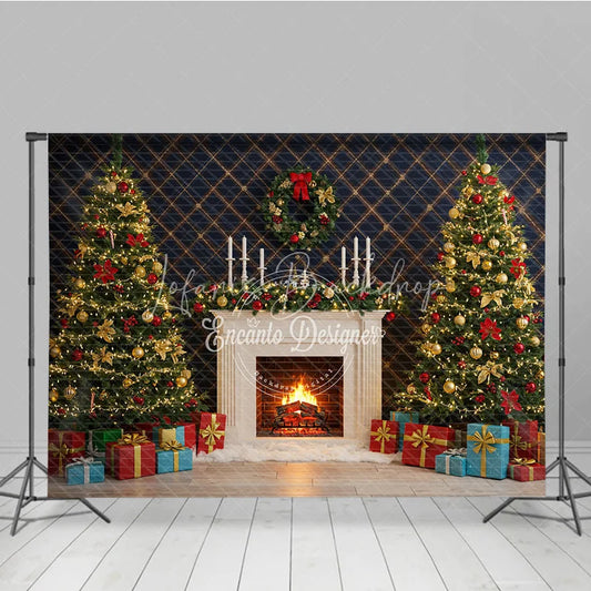 Lofaris Elegant Christmas Fireplace Photography Backdrop Blue Wall with Garland and Trees Holiday Mini Session Background