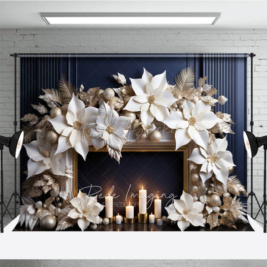 Lofaris Elegant Christmas Fireplace Photography Backdrop Gold and White Paper Poinsettias Modern Holiday Studio Prop