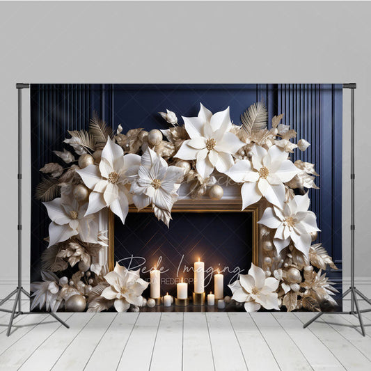 Lofaris Elegant Christmas Fireplace Photography Backdrop Gold and White Paper Poinsettias Modern Holiday Studio Prop