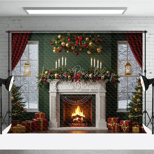 Lofaris Elegant Christmas Fireplace Photography Backdrop Green Wall with Red Curtains Classic Holiday Mini Session Background