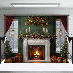 Lofaris Elegant Christmas Fireplace Photography Backdrop Green Wall with Red Curtains Classic Holiday Mini Session Background