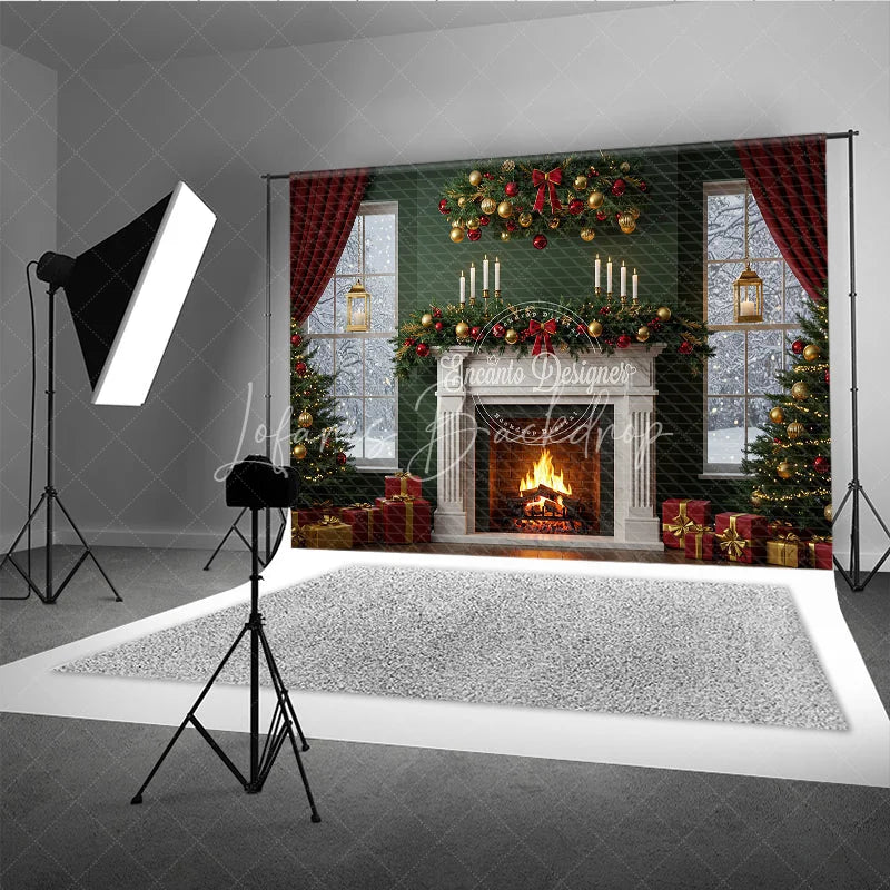 Lofaris Elegant Christmas Fireplace Photography Backdrop Green Wall with Red Curtains Classic Holiday Mini Session Background