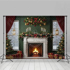 Lofaris Elegant Christmas Fireplace Photography Backdrop Green Wall with Red Curtains Classic Holiday Mini Session Background