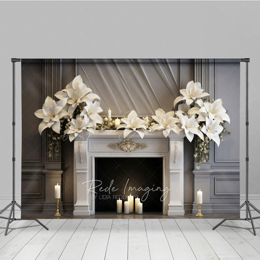 Lofaris Elegant Christmas Fireplace Photography Backdrop White Poinsettia Garland Classic Holiday Mantel Studio Prop