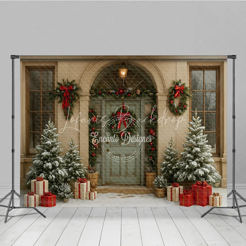 Lofaris Elegant Christmas Front Door Photography Backdrop Green with Wreaths Snowy Holiday Photo Background