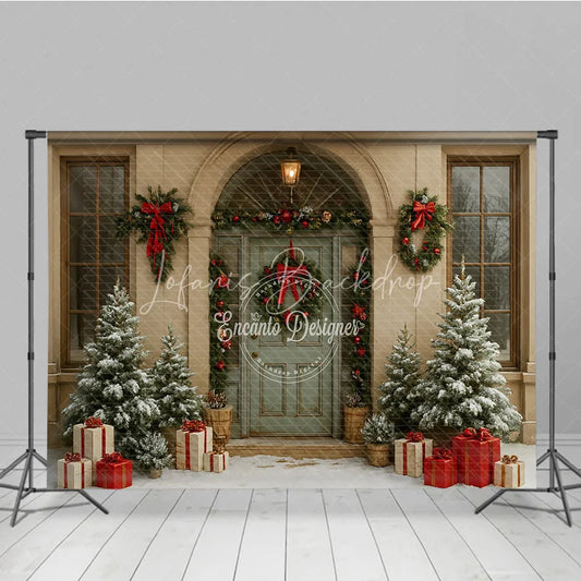 Lofaris Elegant Christmas Front Door Photography Backdrop Green with Wreaths Snowy Holiday Photo Background