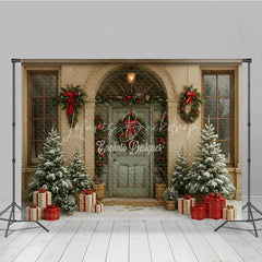 Lofaris Elegant Christmas Front Door Photography Backdrop Green with Wreaths Snowy Holiday Photo Background
