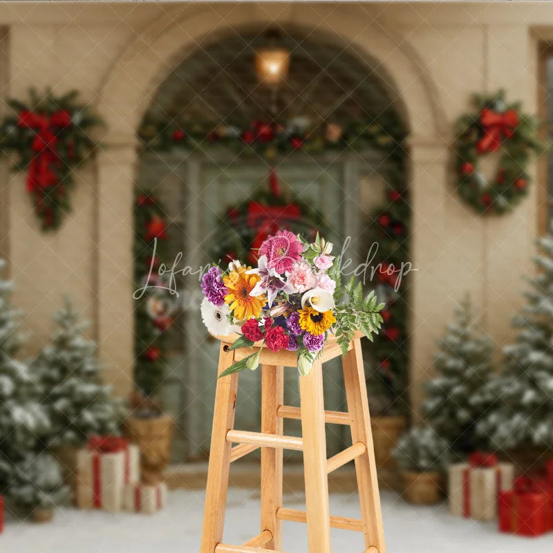 Lofaris Elegant Christmas Front Door Photography Backdrop Green with Wreaths Snowy Holiday Photo Background