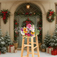 Lofaris Elegant Christmas Front Door Photography Backdrop Green with Wreaths Snowy Holiday Photo Background