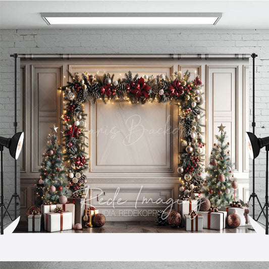 Lofaris Elegant Christmas Garland Arch Photography Backdrop White Wall with Trees Holiday Mini Session Background