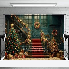 Lofaris Elegant Christmas Grand Staircase Photography Backdrop Red and Gold Garland Holiday Ballroom Photo Background