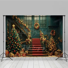 Lofaris Elegant Christmas Grand Staircase Photography Backdrop Red and Gold Garland Holiday Ballroom Photo Background