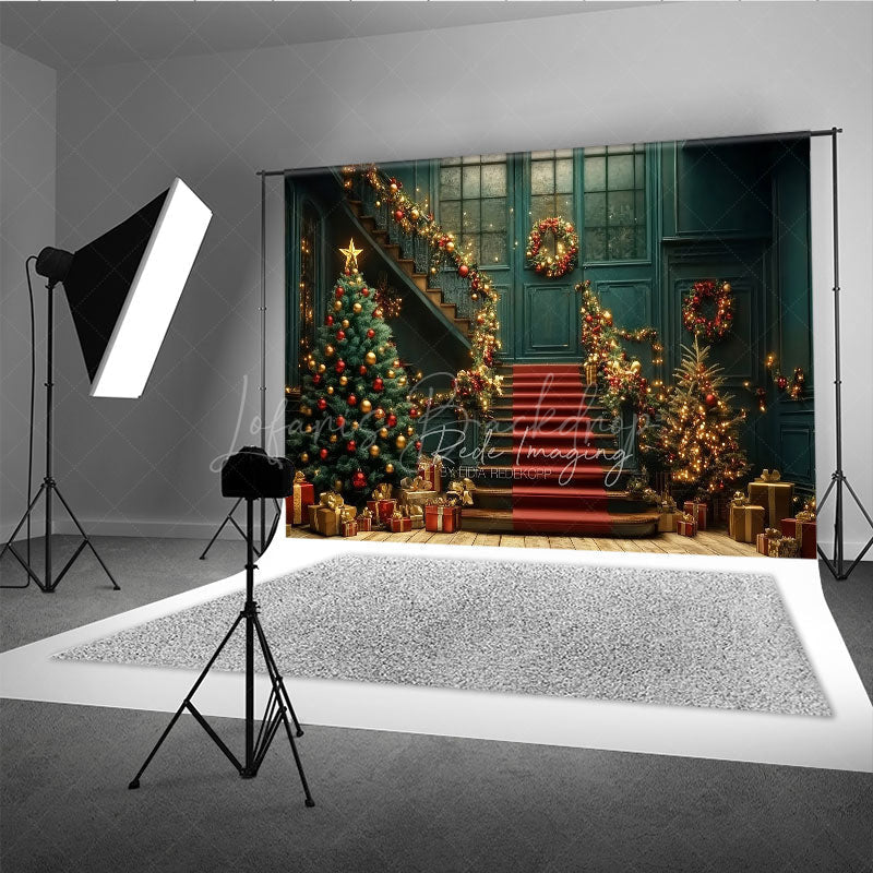 Lofaris Elegant Christmas Grand Staircase Photography Backdrop Red and Gold Garland Holiday Ballroom Photo Background