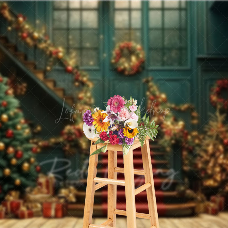 Lofaris Elegant Christmas Grand Staircase Photography Backdrop Red and Gold Garland Holiday Ballroom Photo Background