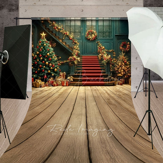Lofaris Elegant Christmas Grand Staircase Sweep Backdrop Red and Gold Garland Holiday Ballroom Photo Studio Floor Drop
