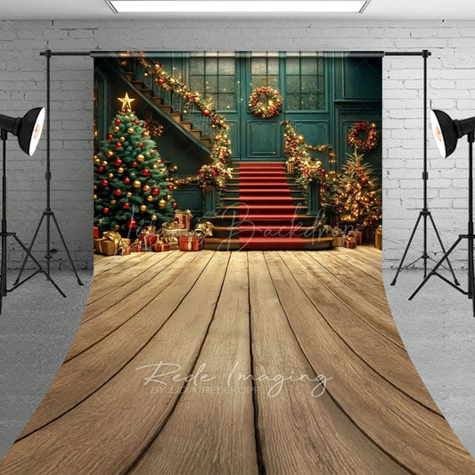 Lofaris Elegant Christmas Grand Staircase Sweep Backdrop Red and Gold Garland Holiday Ballroom Photo Studio Floor Drop
