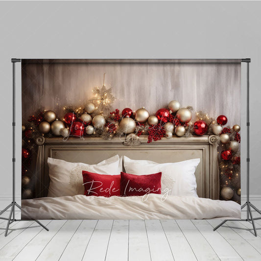 Lofaris Elegant Christmas Headboard Photography Backdrop Red and Silver Ornaments with Berries Holiday Bedroom Photo Prop