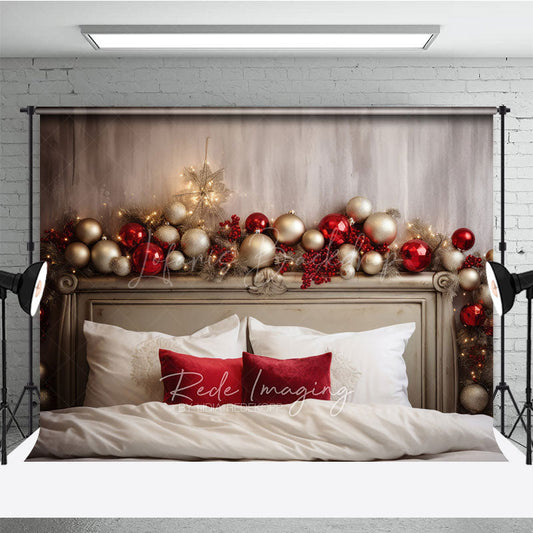Lofaris Elegant Christmas Headboard Photography Backdrop Red and Silver Ornaments with Berries Holiday Bedroom Photo Prop