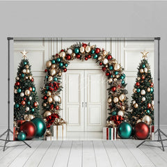 Lofaris Elegant Christmas Holiday Backdrop featuring Archway Garland Decorated Trees and Festive Red Gold Teal Ornaments.