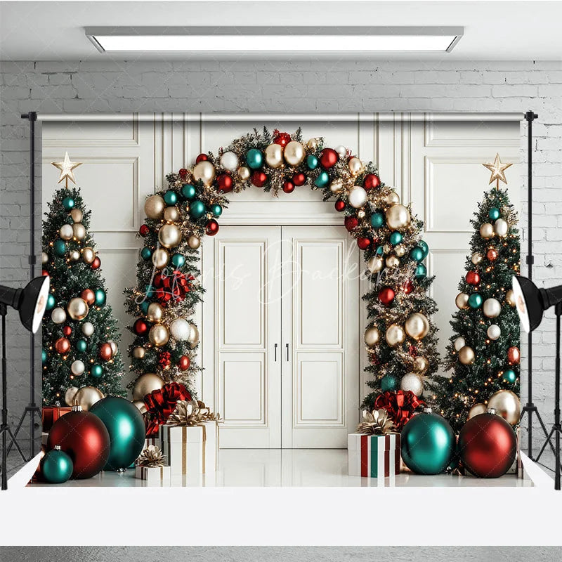 Lofaris Elegant Christmas Holiday Backdrop featuring Archway Garland Decorated Trees and Festive Red Gold Teal Ornaments.