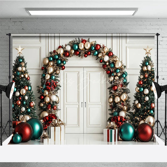 Lofaris Elegant Christmas Holiday Backdrop featuring Archway Garland Decorated Trees and Festive Red Gold Teal Ornaments.