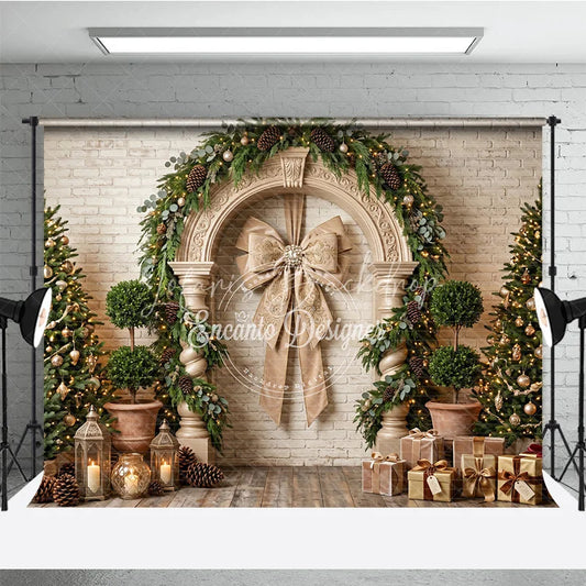 Lofaris Elegant Christmas Holiday Backdrop with Arched Entryway Golden Bow Decorated Trees and Festive Gifts