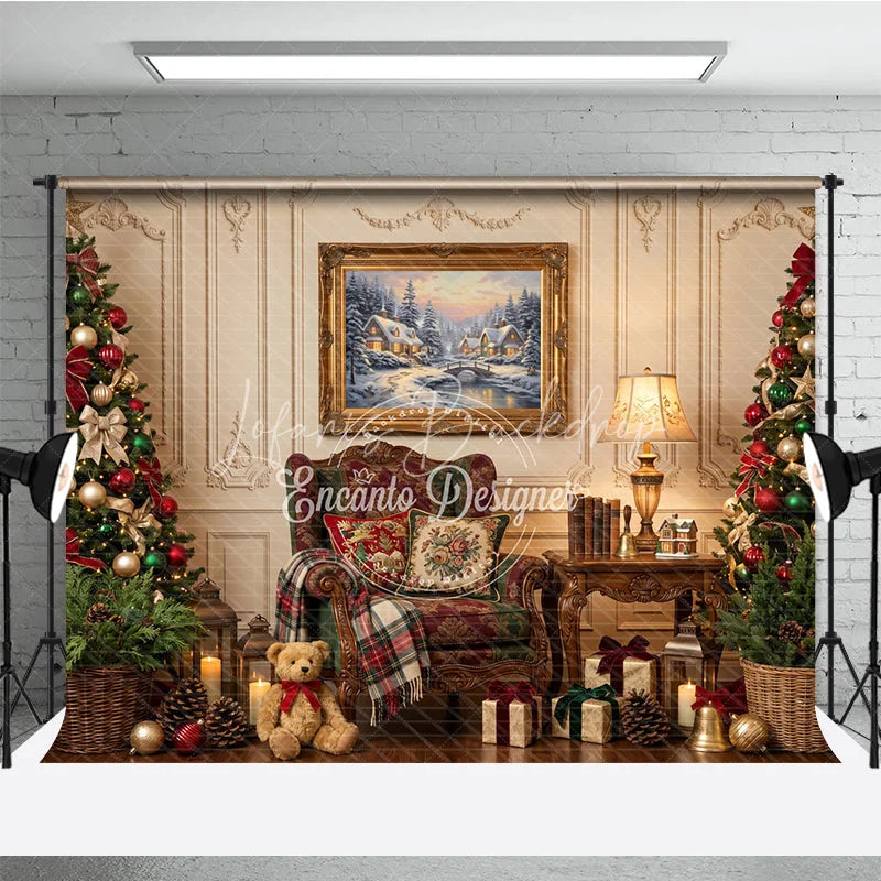 Lofaris Elegant Christmas Holiday Backdrop with Decorated Trees Winter Village Painting and Cozy Armchair Scene