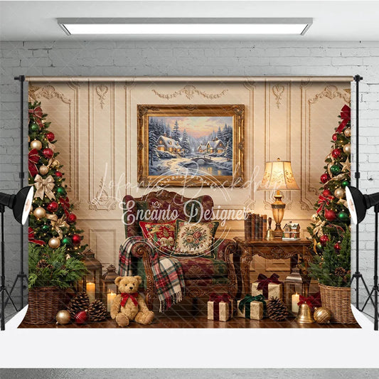 Lofaris Elegant Christmas Holiday Backdrop with Decorated Trees Winter Village Painting and Cozy Armchair Scene