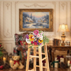 Lofaris Elegant Christmas Holiday Backdrop with Decorated Trees Winter Village Painting and Cozy Armchair Scene