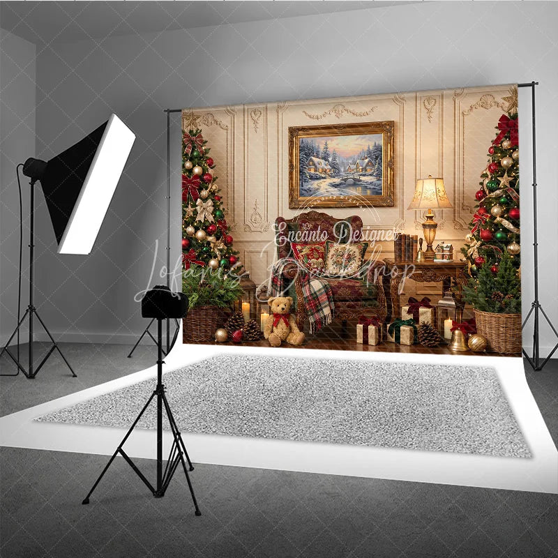 Lofaris Elegant Christmas Holiday Backdrop with Decorated Trees Winter Village Painting and Cozy Armchair Scene