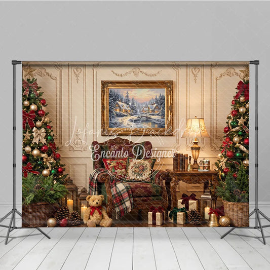 Lofaris Elegant Christmas Holiday Backdrop with Decorated Trees Winter Village Painting and Cozy Armchair Scene