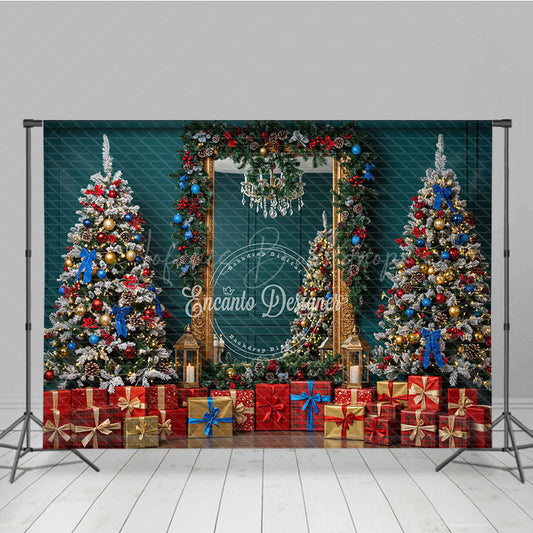 Lofaris Elegant Christmas Mirror Photography Backdrop Red and Blue Ornaments with Garland Classic Holiday Photo Background