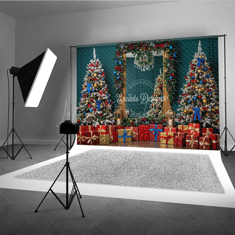 Lofaris Elegant Christmas Mirror Photography Backdrop Red and Blue Ornaments with Garland Classic Holiday Photo Background
