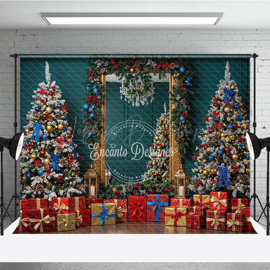 Lofaris Elegant Christmas Mirror Photography Backdrop Red and Blue Ornaments with Garland Classic Holiday Photo Background
