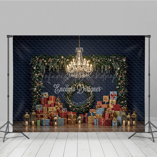 Lofaris Elegant Christmas Photography Backdrop Dark Blue Wall with Garland and Presents Luxury Holiday Photo Background