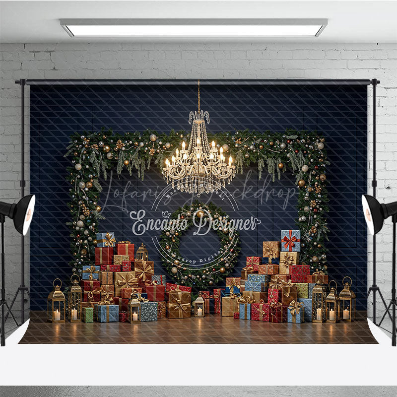 Lofaris Elegant Christmas Photography Backdrop Dark Blue Wall with Garland and Presents Luxury Holiday Photo Background