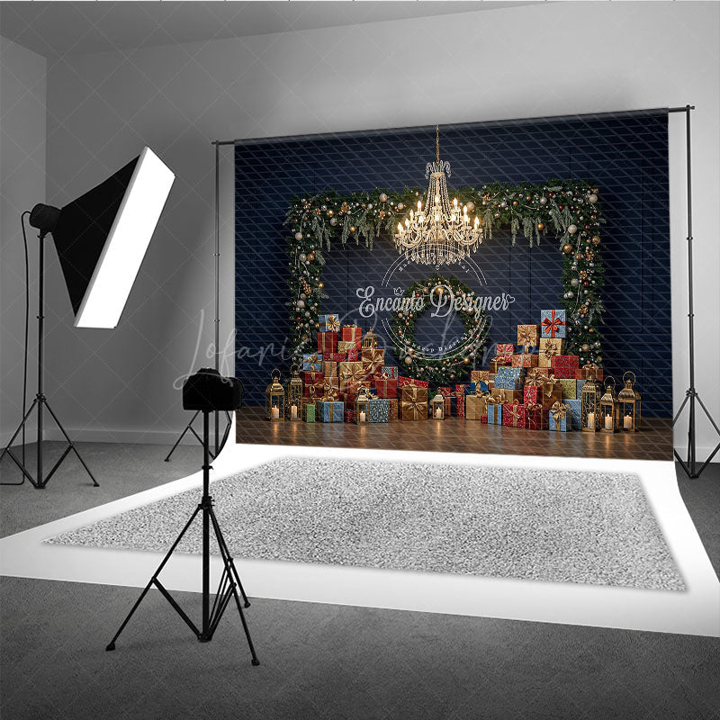 Lofaris Elegant Christmas Photography Backdrop Dark Blue Wall with Garland and Presents Luxury Holiday Photo Background